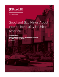 The text "Good and Bad News About Income Inequality in Urban America" on a red background