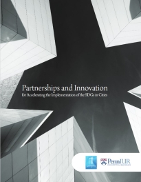 Text "Partnerships and Innovation for Accelerating the Implementation of the SDGs in Cities" on a background of black and white skyscrapers 