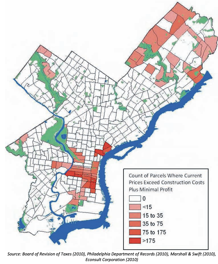 Figure ES.3 – Number of Vacant Parcels in Census Tracts Where Current House Prices Exceed Constructions Costs by 10 Percent or More: 3,400 Vacant Parcels in Total Are Located in These Census Tracts 