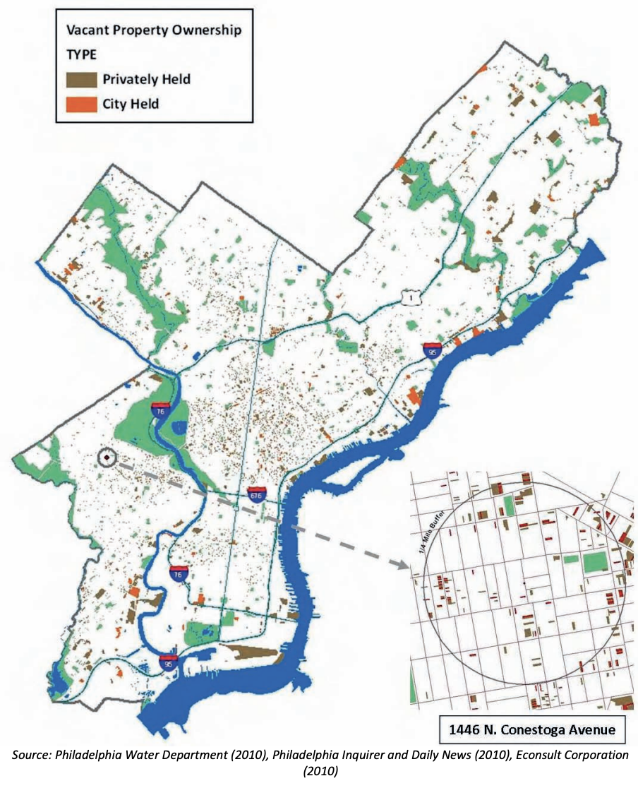 Figure 1.3 – Spatial Distribution of Vacant Parcels within the City of Philadelphia and in a Neighborhood Profiled in a Recent News Story 