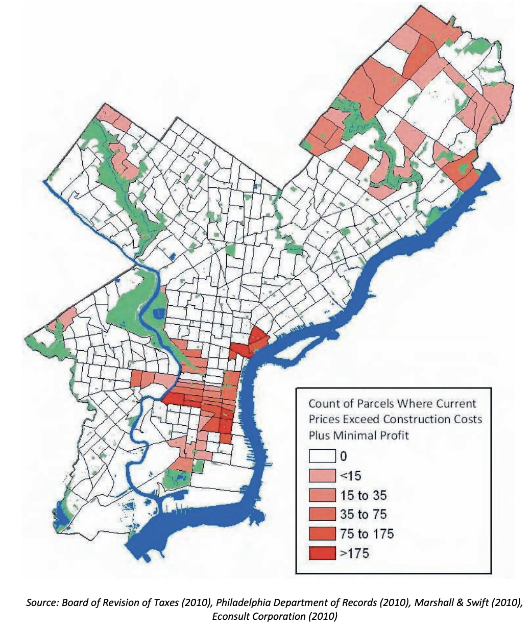 Figure 4.1 – Number of Vacant Parcels in Census Tracts Where Current Prices Exceed Construction Costs by 10 Percent or More: 3,400 Vacant Parcels in Total Are Located in These Census Tracts 