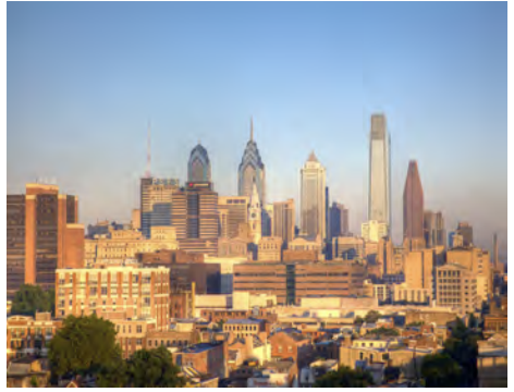 Aerial view of the Philadelphia skyline at sunset. Image source: Bob Snyder via Flickr.