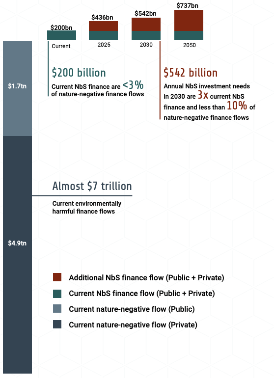 Figure 7. Current finance flows to NbS, nature-negative finance and investment needs