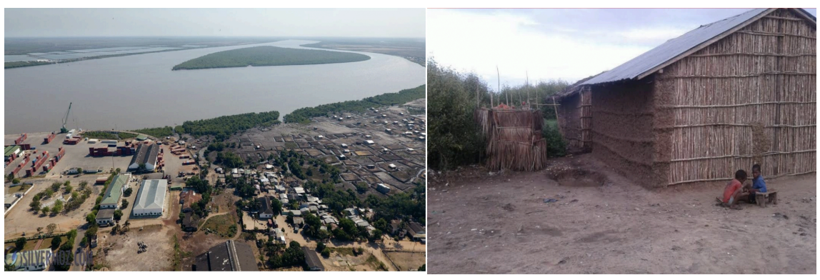 Figure 7. The Growth of Quelimane Mozambique and the Fate of Mangroves and Wetlands (Cleared mangroves and wetlands make room for development (right); house constructed with mangrove materials (Source: Unaite, 2017)