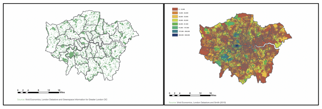 Figure 2. Greater London Public Green Areas and their Amenity Value. Vivid Economics developed a natural capital value assessment of Greater London’s Public Green Areas based on property value, health, and environmental benefits. Source: National Trust and Lottery Fund, 2017.Source: OECD, 2019; CAVES, 2022