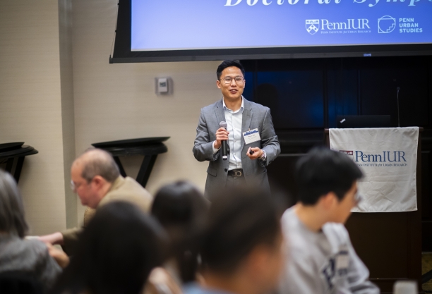 Bruce Zou presenting his research at 2024 Urban Doctoral Symposium. Photo credit: Eric Sucar