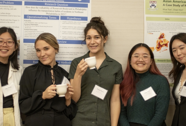 View of five young women in front of posters