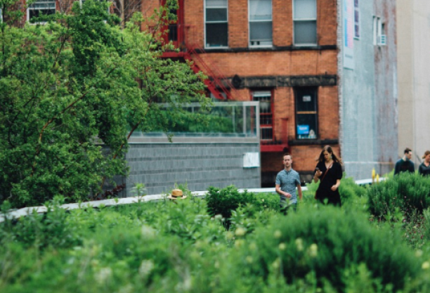 two people standing in front of red brick building with greenery in foreground